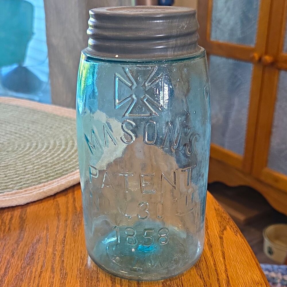 Blue Glass Mason's Patent Nov 30th 1858 Fruit Jar Bottle with Zinc Lid